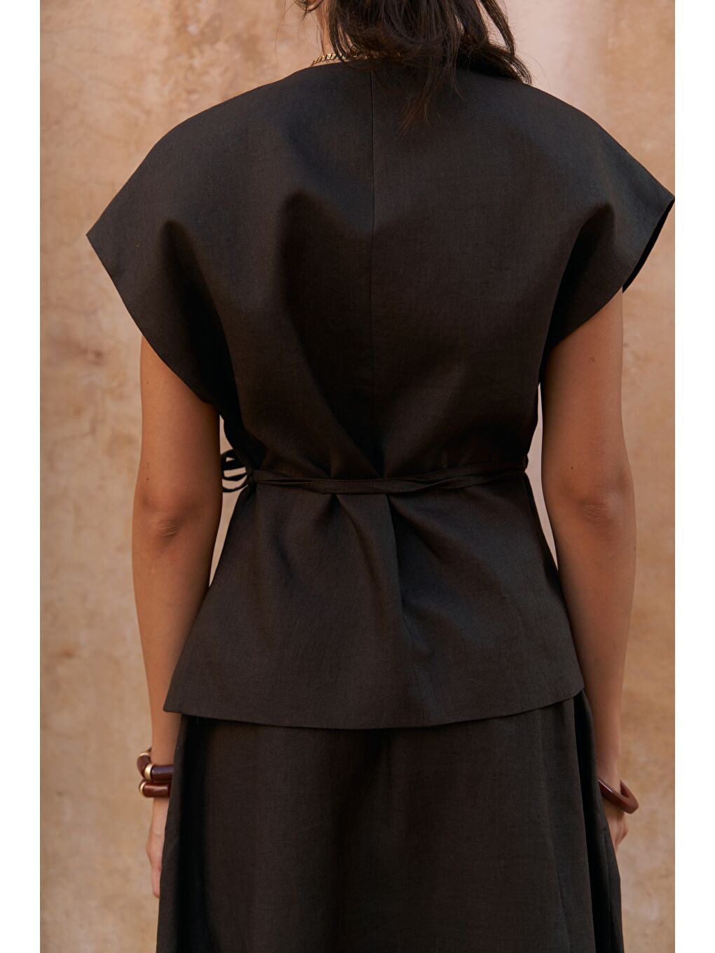 Kahverengi Fiametta Salaş Acı Kahve Keten Yelek Etek Takım-7