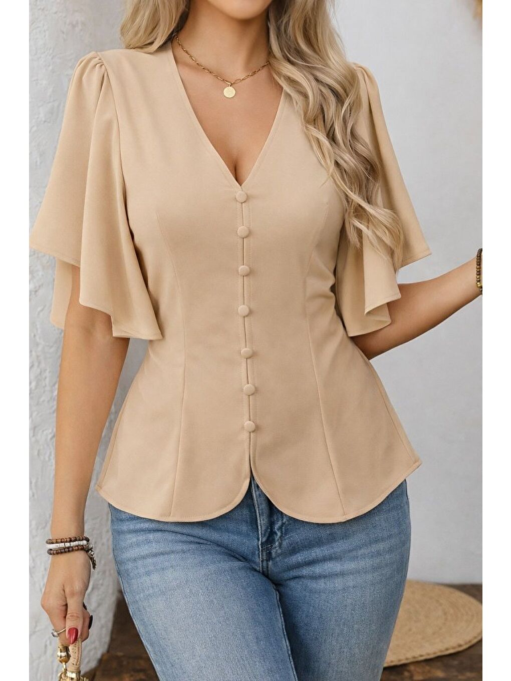 Bej Kadın Kısa Kollu önden Düğmeli Ithal Krep Bluz