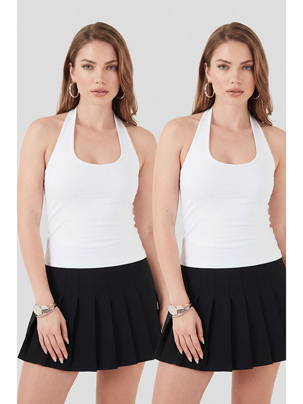 Beyaz Slim Fit Halter Yaka Sırt Dekolteli İkili Paket Bluz 5866664