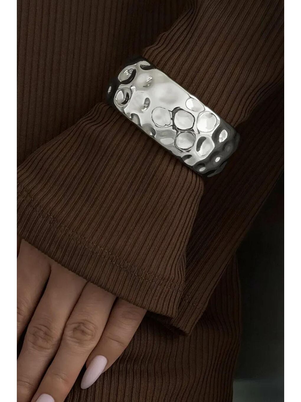 Gri Dövme Dokulu Parlak Gümüş Cuff Bileklik-9