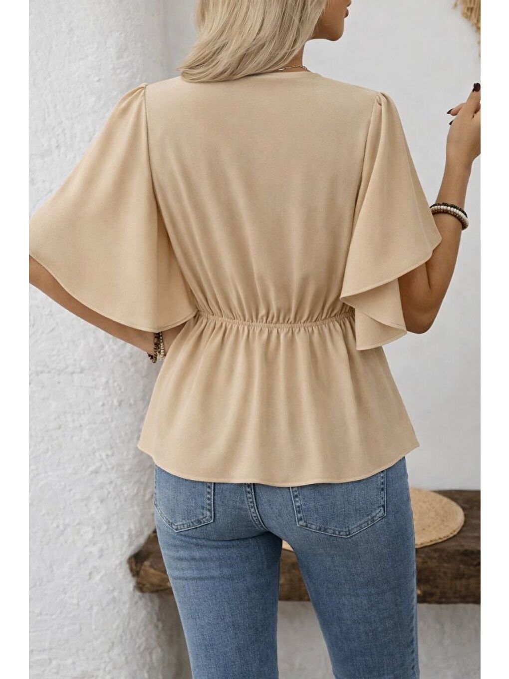 Bej Kadın Kısa Kollu önden Düğmeli Ithal Krep Bluz-3