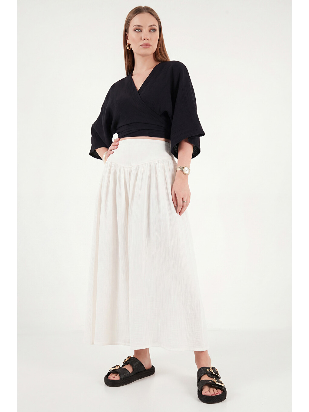 Bej Pamuklu Standart Fit Yüksek Bel Midi Etek 668YE4471-2