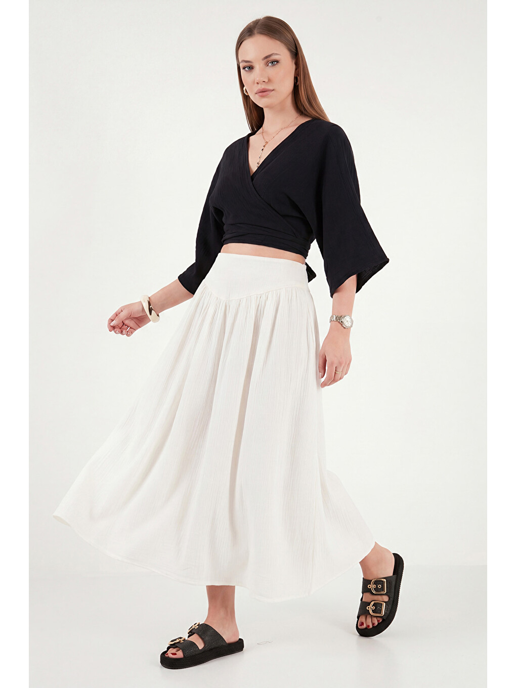Bej Pamuklu Standart Fit Yüksek Bel Midi Etek 668YE4471-3