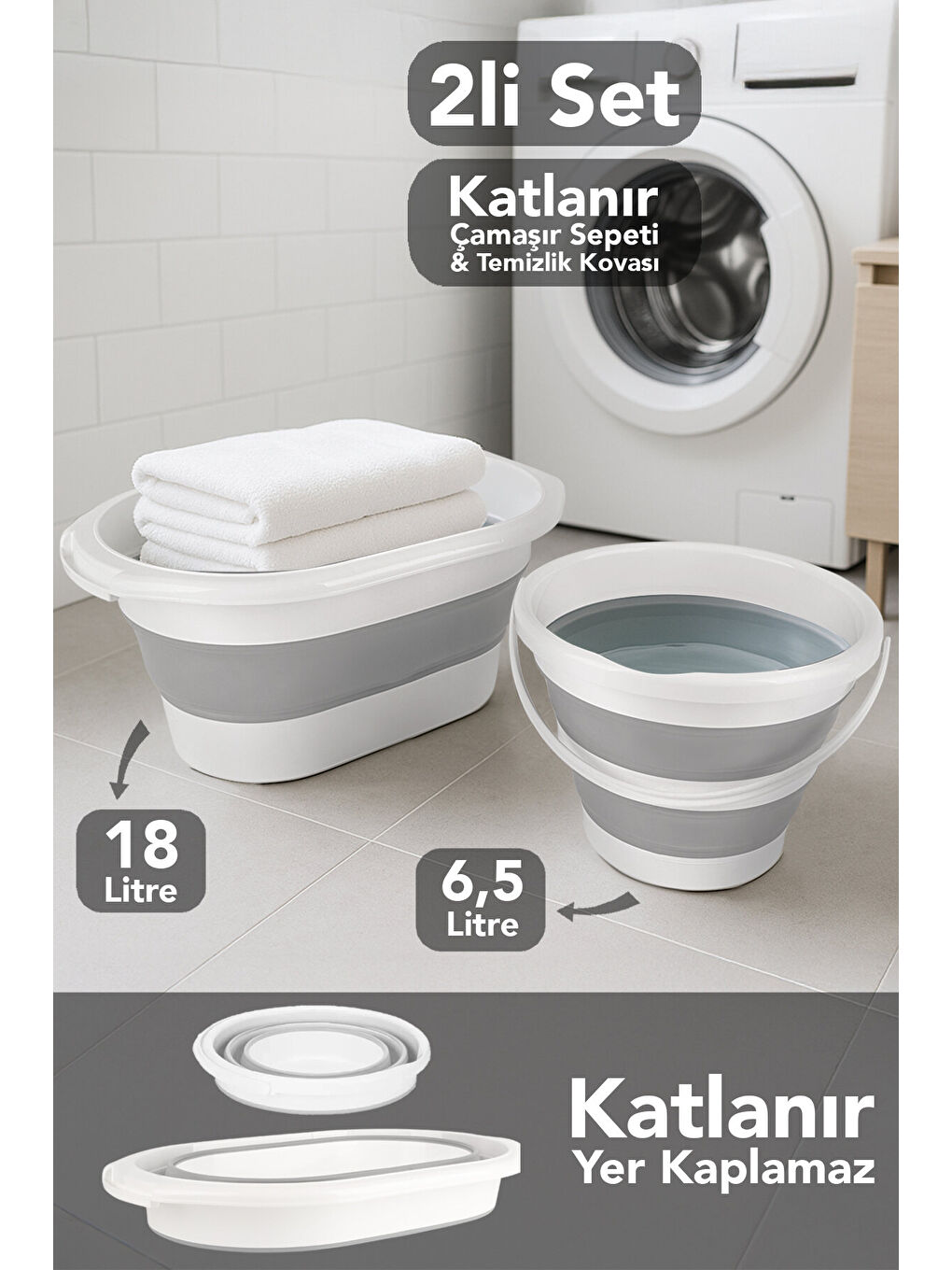 Gri 2'li Katlanır Çamaşır Sepeti 18 l