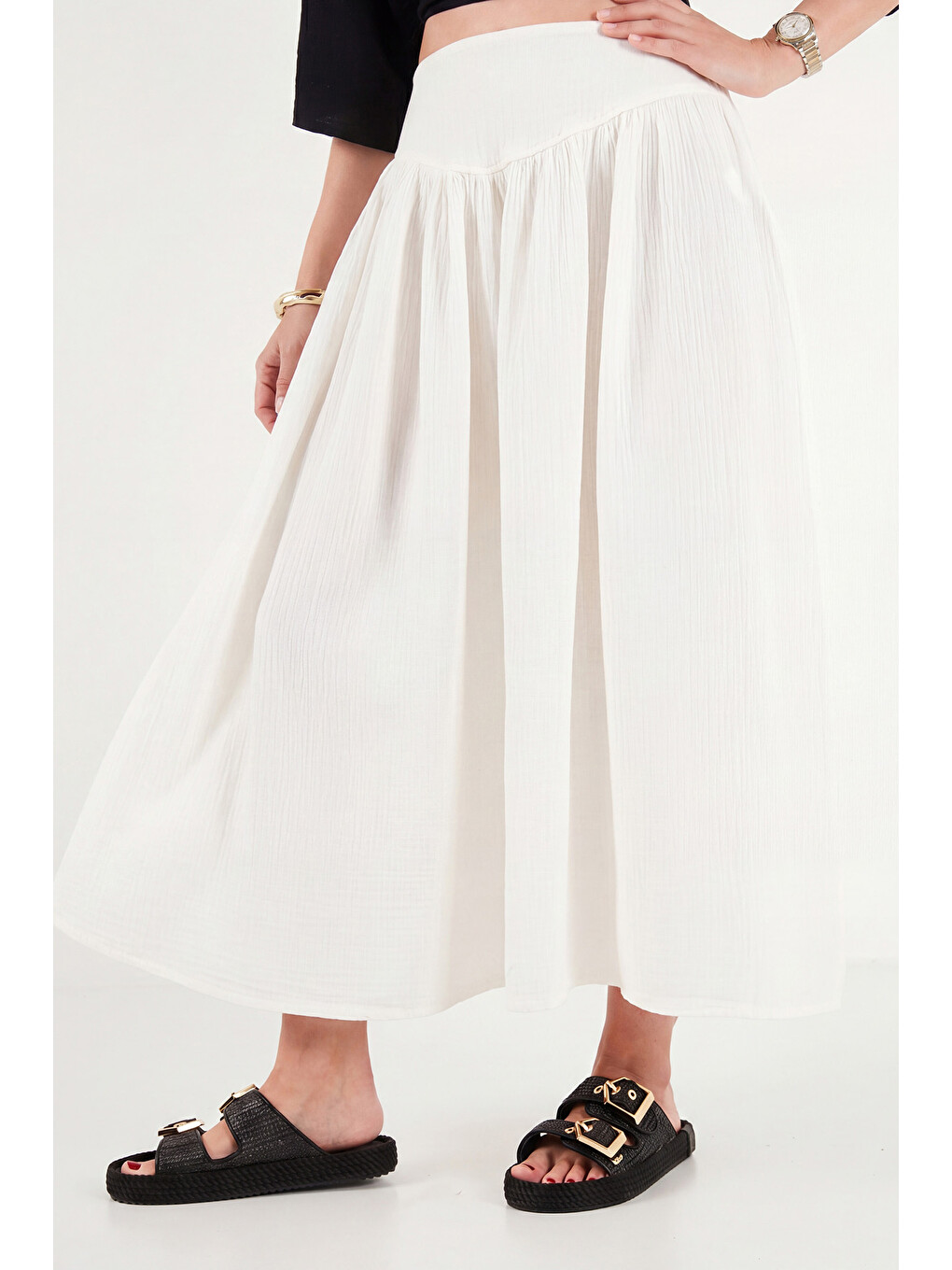 Bej Pamuklu Standart Fit Yüksek Bel Midi Etek 668YE4471-4