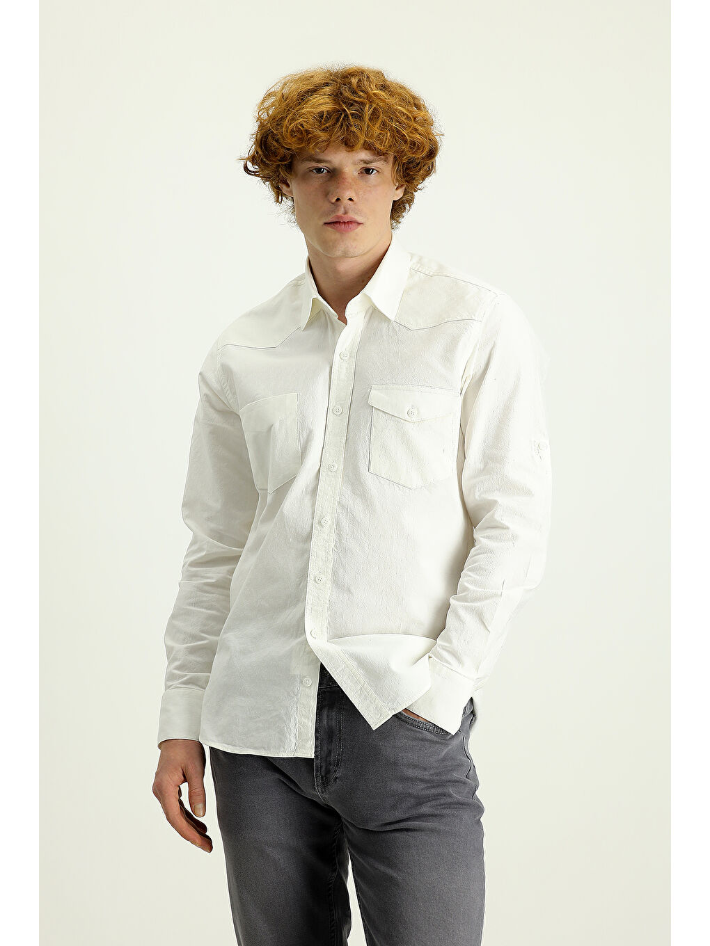 Beyaz Uzun Kol Slim Fit Dar Kesim Pamuk Spor %100 Pamuk Gömlek-1