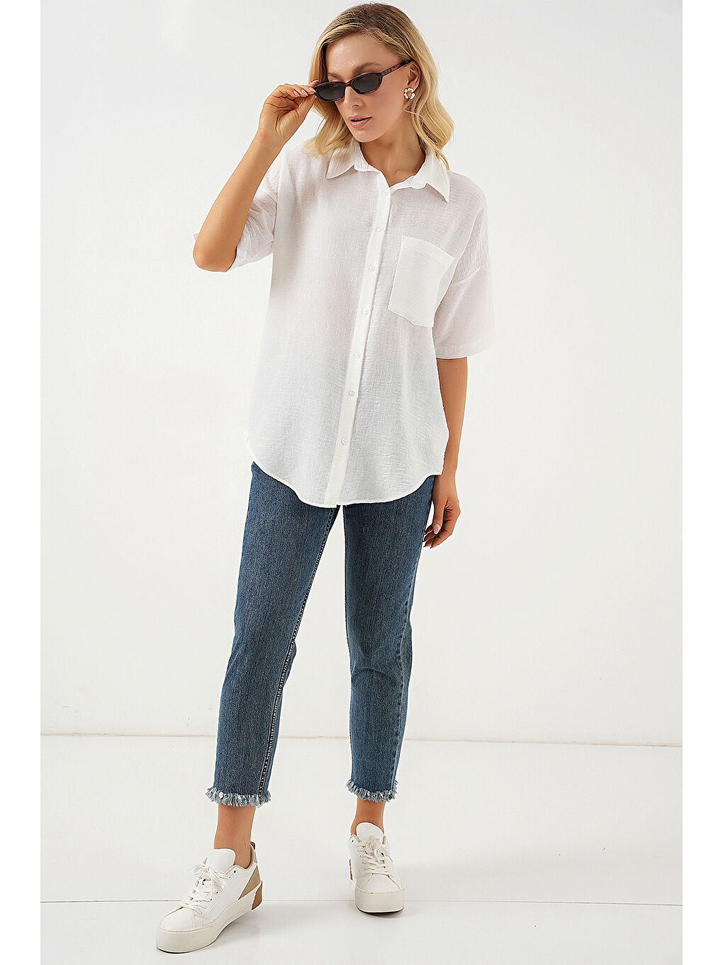 Kadın Kısa Kol Keten Görünümlü Gömlek 20336 - Beyaz-1