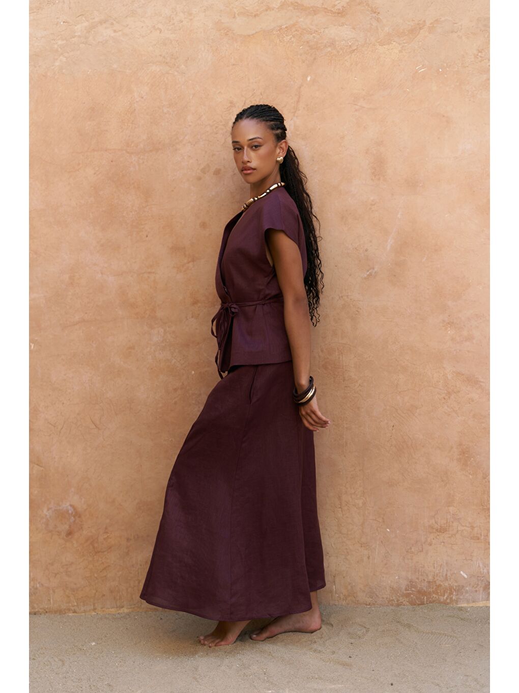 Fiametta Salaş Bordo Keten Yelek Etek Takım-2