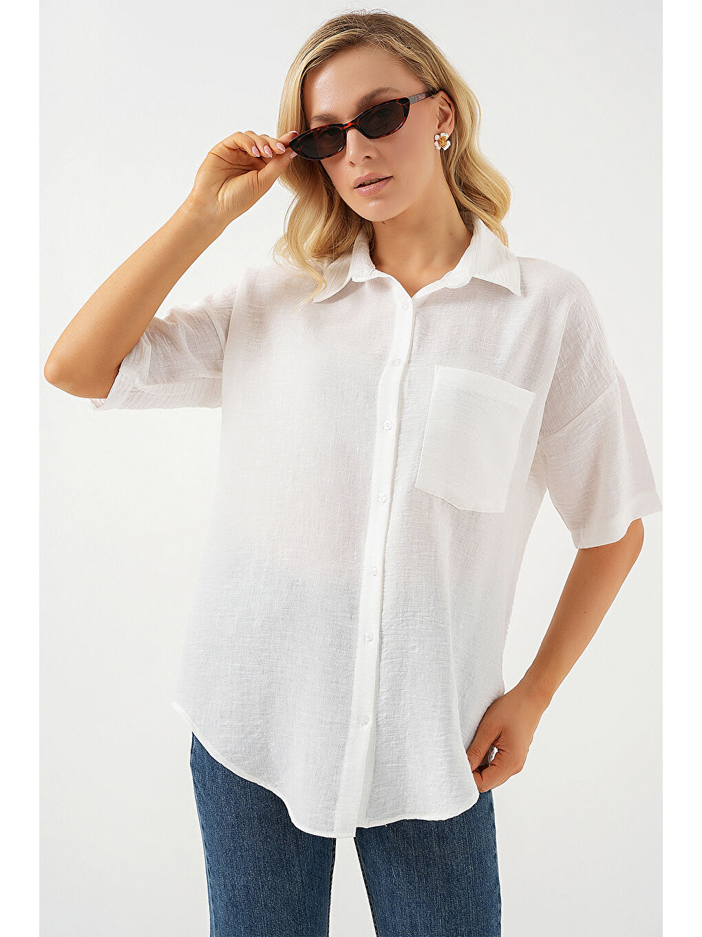 Kadın Kısa Kol Keten Görünümlü Gömlek 20336 - Beyaz-2