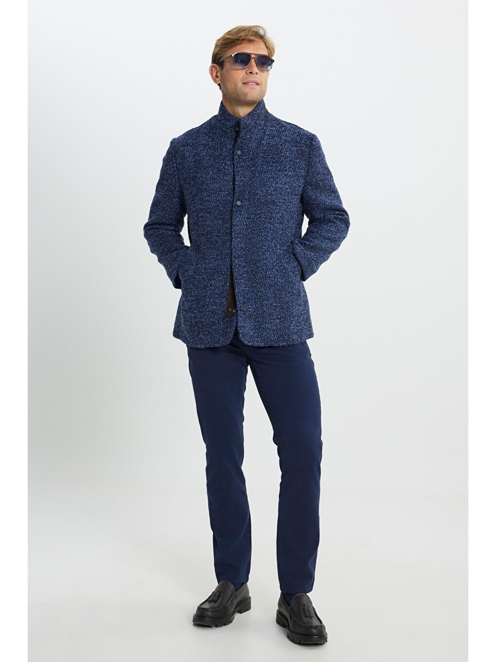 Mavi Erkek Saks Yünlü Standart Fit Normal Kesim Dik Yaka Yan Cepli Mont-1