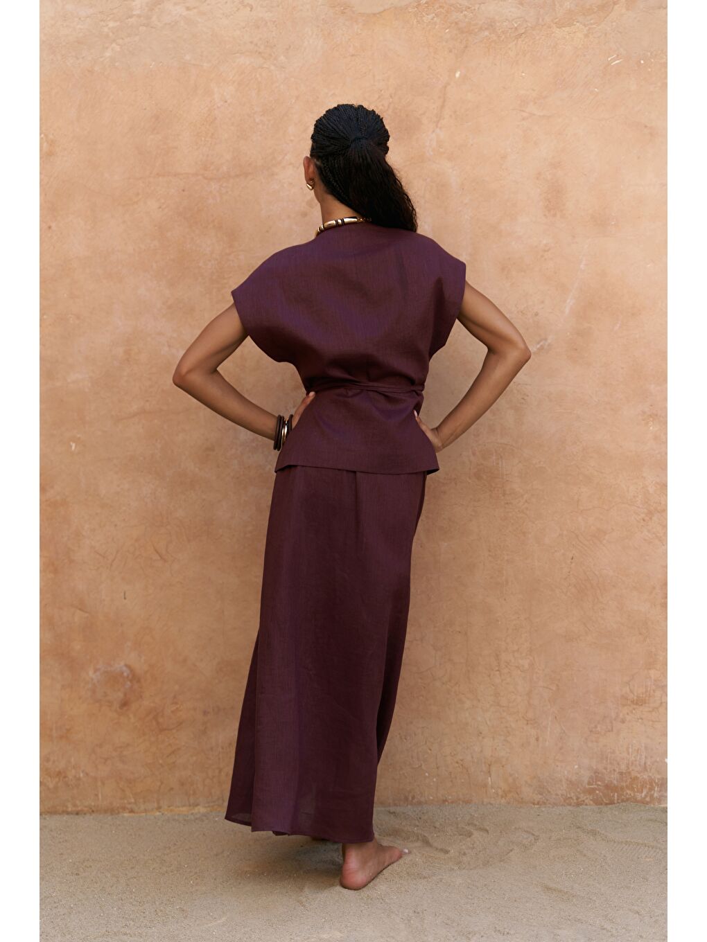 Fiametta Salaş Bordo Keten Yelek Etek Takım-3