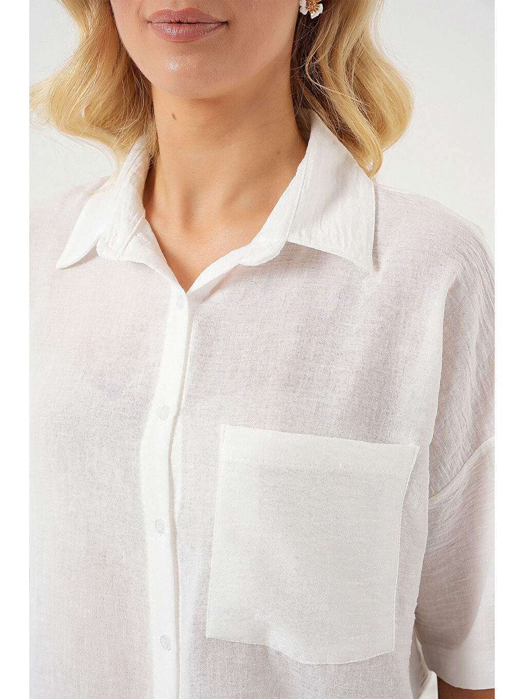 Kadın Kısa Kol Keten Görünümlü Gömlek 20336 - Beyaz-4