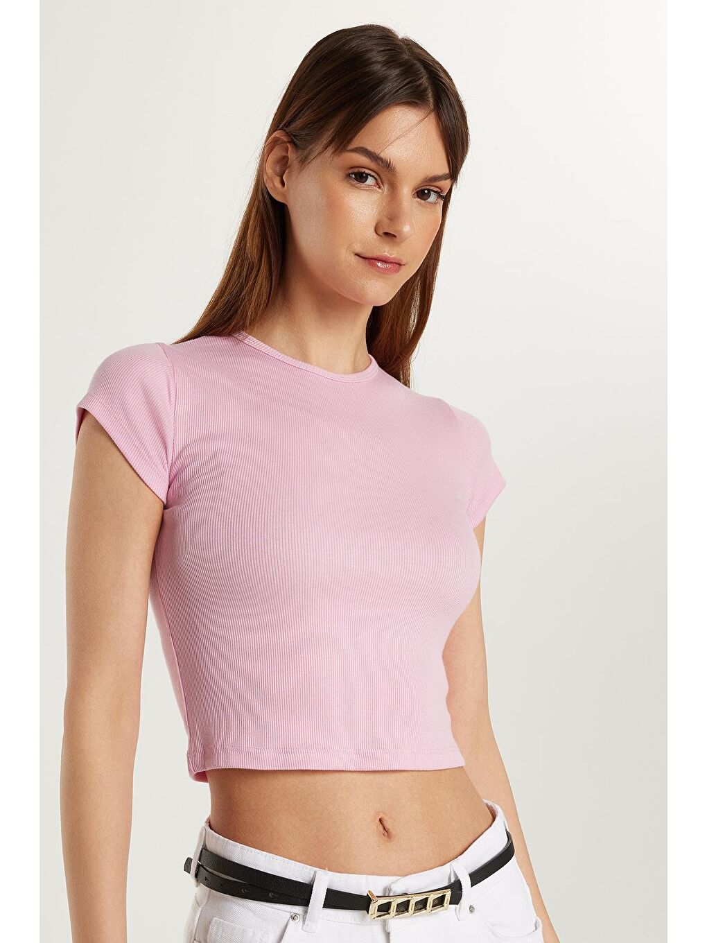 Kadın Modal Kumaş Slim Fit Dar Kesim Kısa Kollu Bisiklet Yaka Pembe Tişört