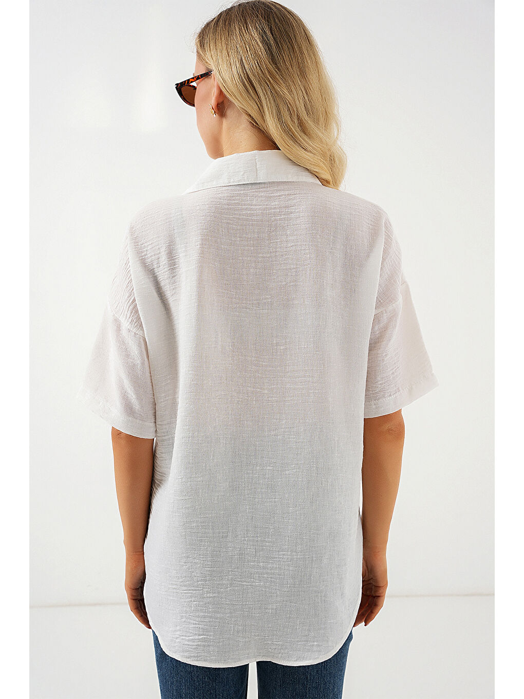 Kadın Kısa Kol Keten Görünümlü Gömlek 20336 - Beyaz-5