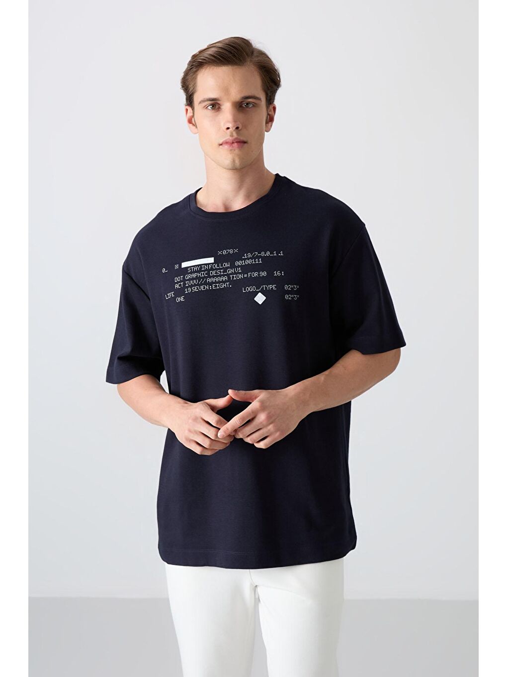 TOMMYLIFE Lacivert Pamuklu Kalın Yumuşak Dokulu Oversize Fit Baskılı Erkek T-Shirt - 88326