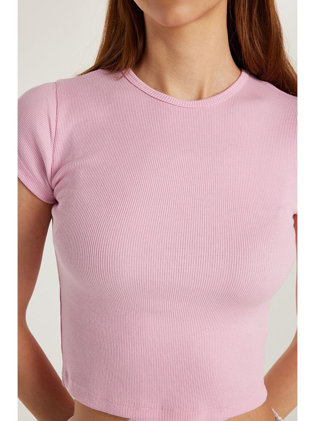 Kadın Modal Kumaş Slim Fit Dar Kesim Kısa Kollu Bisiklet Yaka Pembe Tişört-1