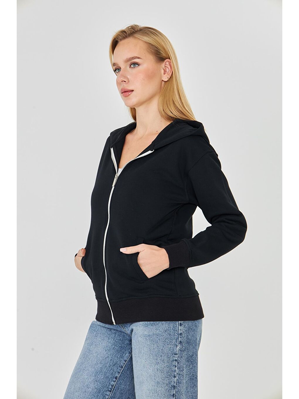 Kadın Tam Fermuarlı Kapüşonlu Pamuklu Eşofman Üstü Siyah 9508-S-3