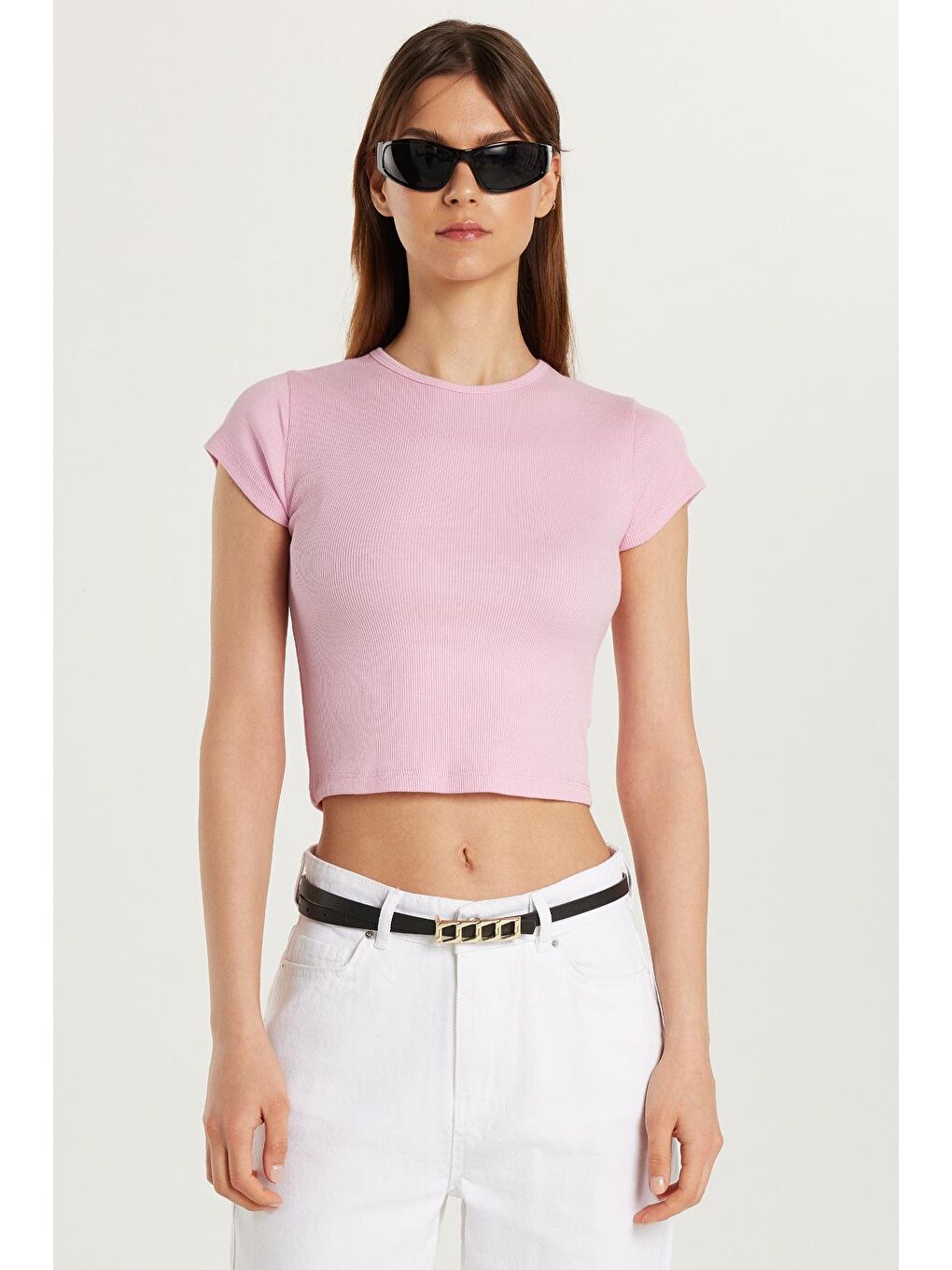 Kadın Modal Kumaş Slim Fit Dar Kesim Kısa Kollu Bisiklet Yaka Pembe Tişört-2
