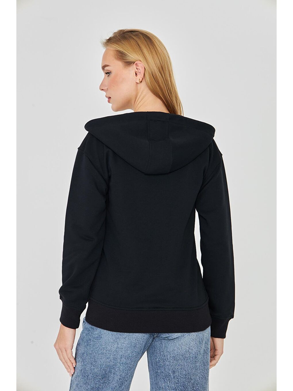 Kadın Tam Fermuarlı Kapüşonlu Pamuklu Eşofman Üstü Siyah 9508-S-5