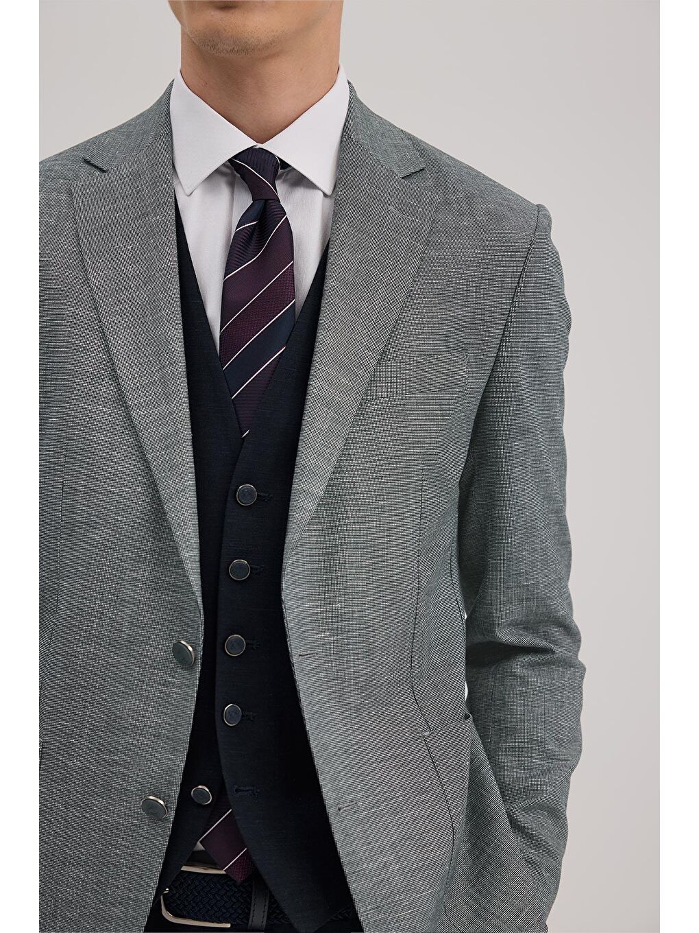 Lacivert Slim Fit Mono Yaka Yelekli Keten Karışımllı Takım Elbise-2