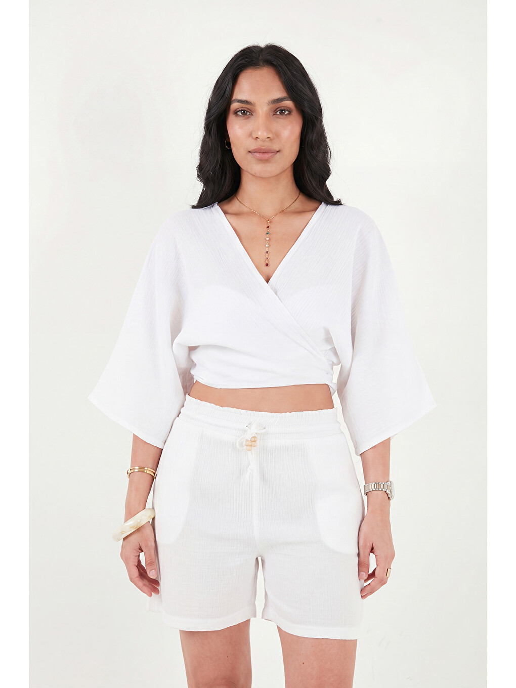Beyaz Regular Fit Bağlamalı Crop Kimono 668YL2783-1