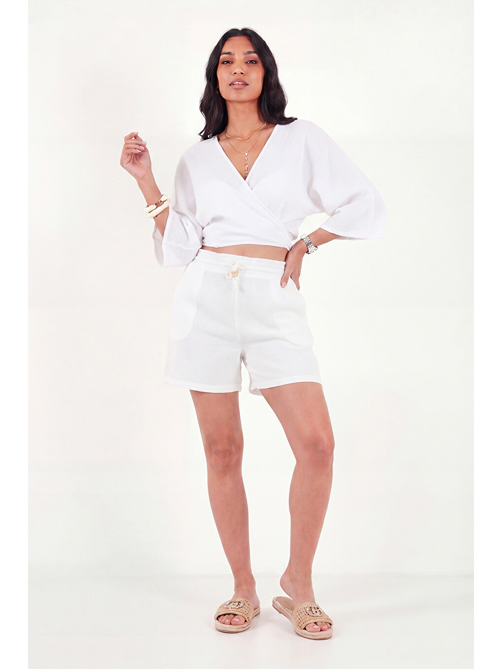 Beyaz Regular Fit Bağlamalı Crop Kimono 668YL2783-2