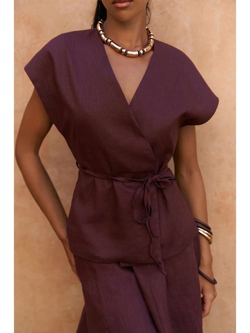 Fiametta Salaş Bordo Keten Yelek Etek Takım-7