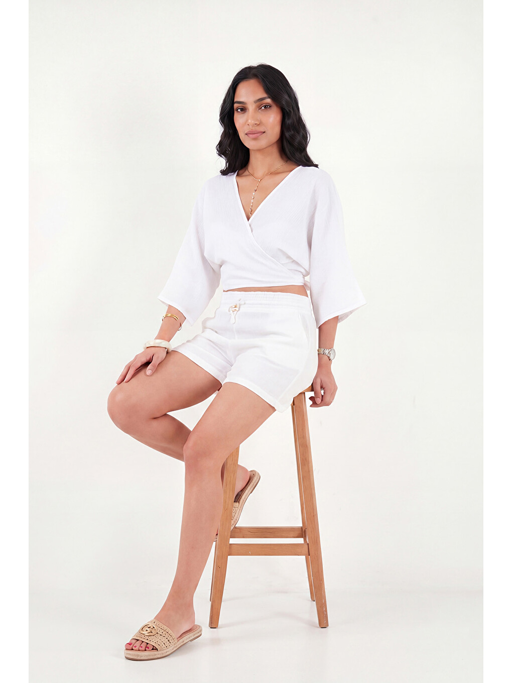 Beyaz Regular Fit Bağlamalı Crop Kimono 668YL2783-3