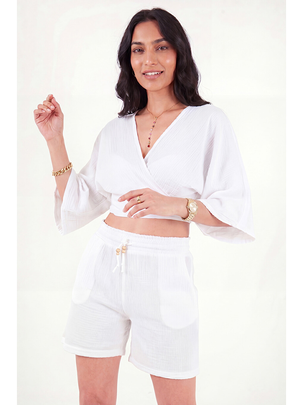 Beyaz Regular Fit Bağlamalı Crop Kimono 668YL2783-5