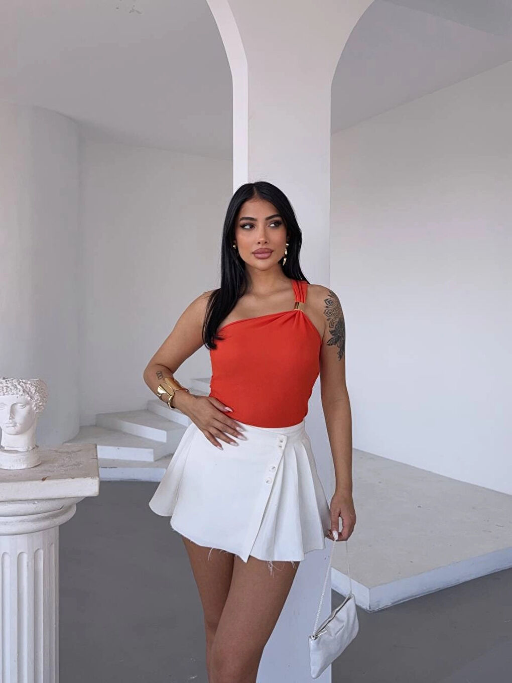 Turuncu Kadın Oranj Tek Omuz Gold Metal Detaylı Bluz HZL25S-FRY123111