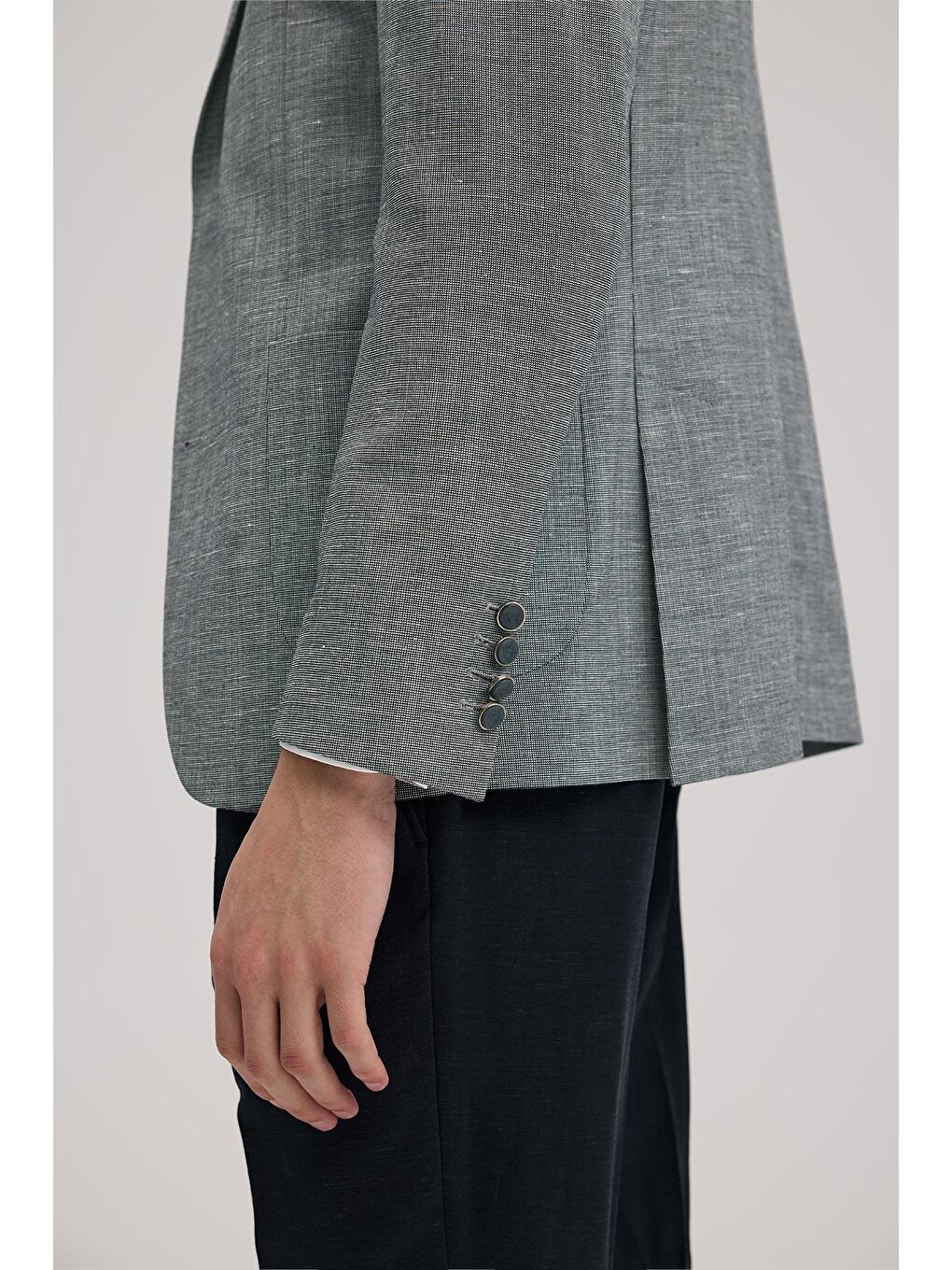 Lacivert Slim Fit Mono Yaka Yelekli Keten Karışımllı Takım Elbise-4