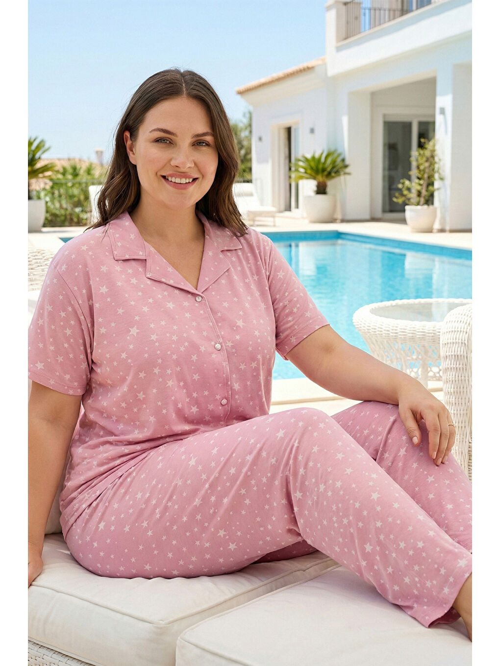 Kadın Kısa Kol Milan Kumaş Pijama Takımı 50501-2176 Pembe02