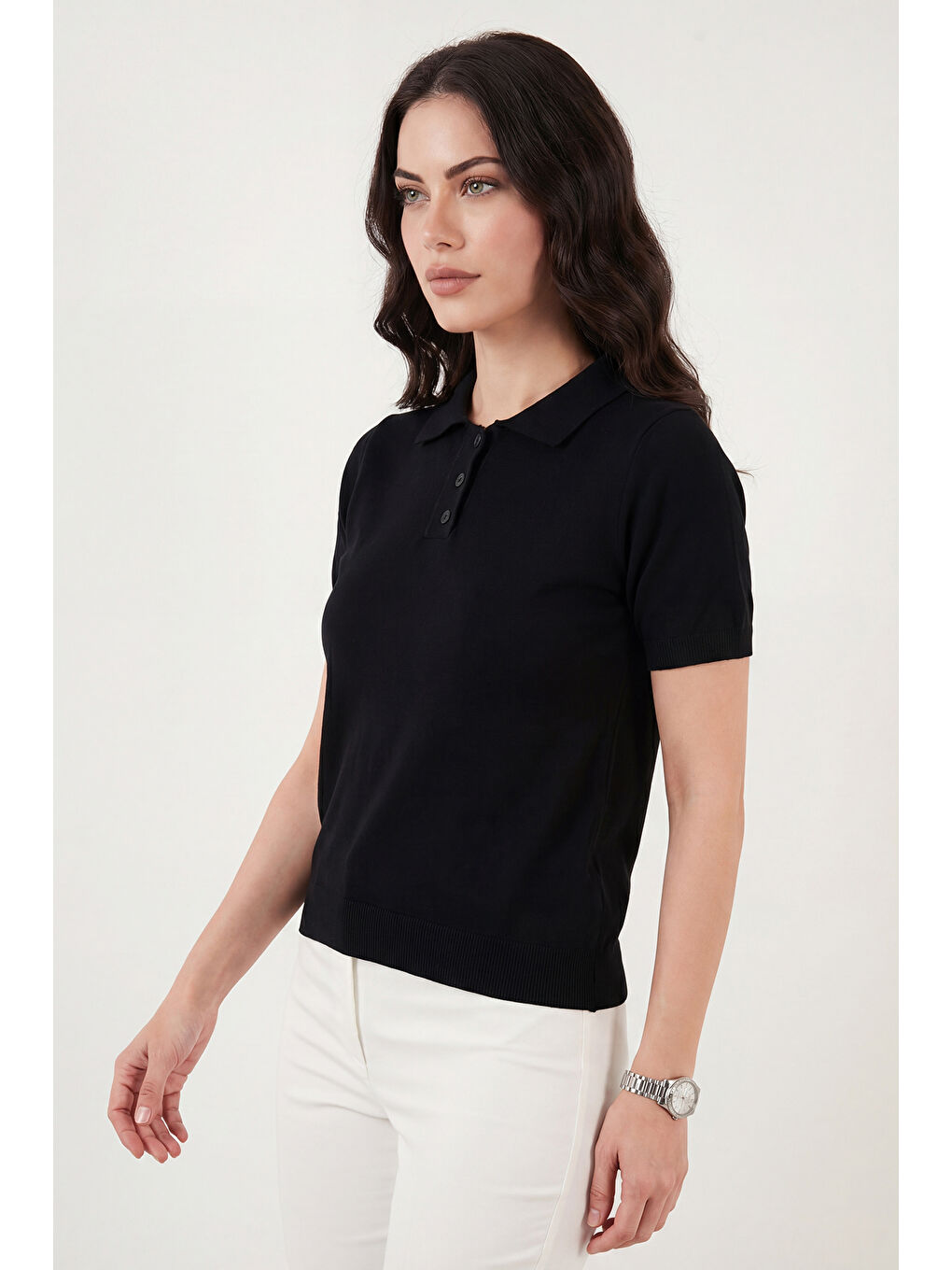 Siyah Regular Fit Kısa Kollu Düğmeli Triko Polo Yaka Kadın Kazak 4617056-3