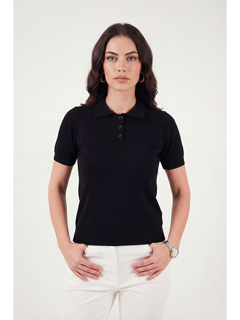 Siyah Regular Fit Kısa Kollu Düğmeli Triko Polo Yaka Kadın Kazak 4617056-4