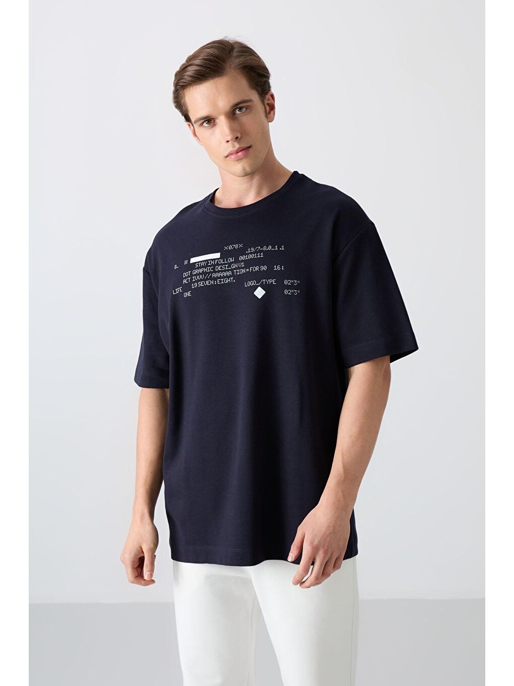 TOMMYLIFE Lacivert Pamuklu Kalın Yumuşak Dokulu Oversize Fit Baskılı Erkek T-Shirt - 88326 - 3