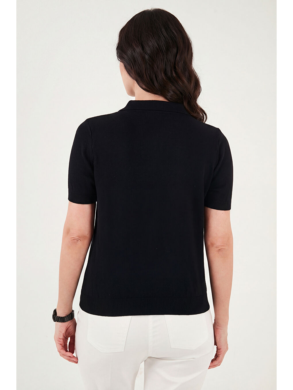 Siyah Regular Fit Kısa Kollu Düğmeli Triko Polo Yaka Kadın Kazak 4617056-6