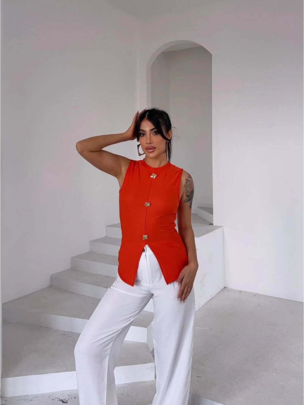 Turuncu Kadın Oranj Bisiklet Yaka Düğme Detaylı Ottoman Kumaş Bluz HZL25S-FRY123091