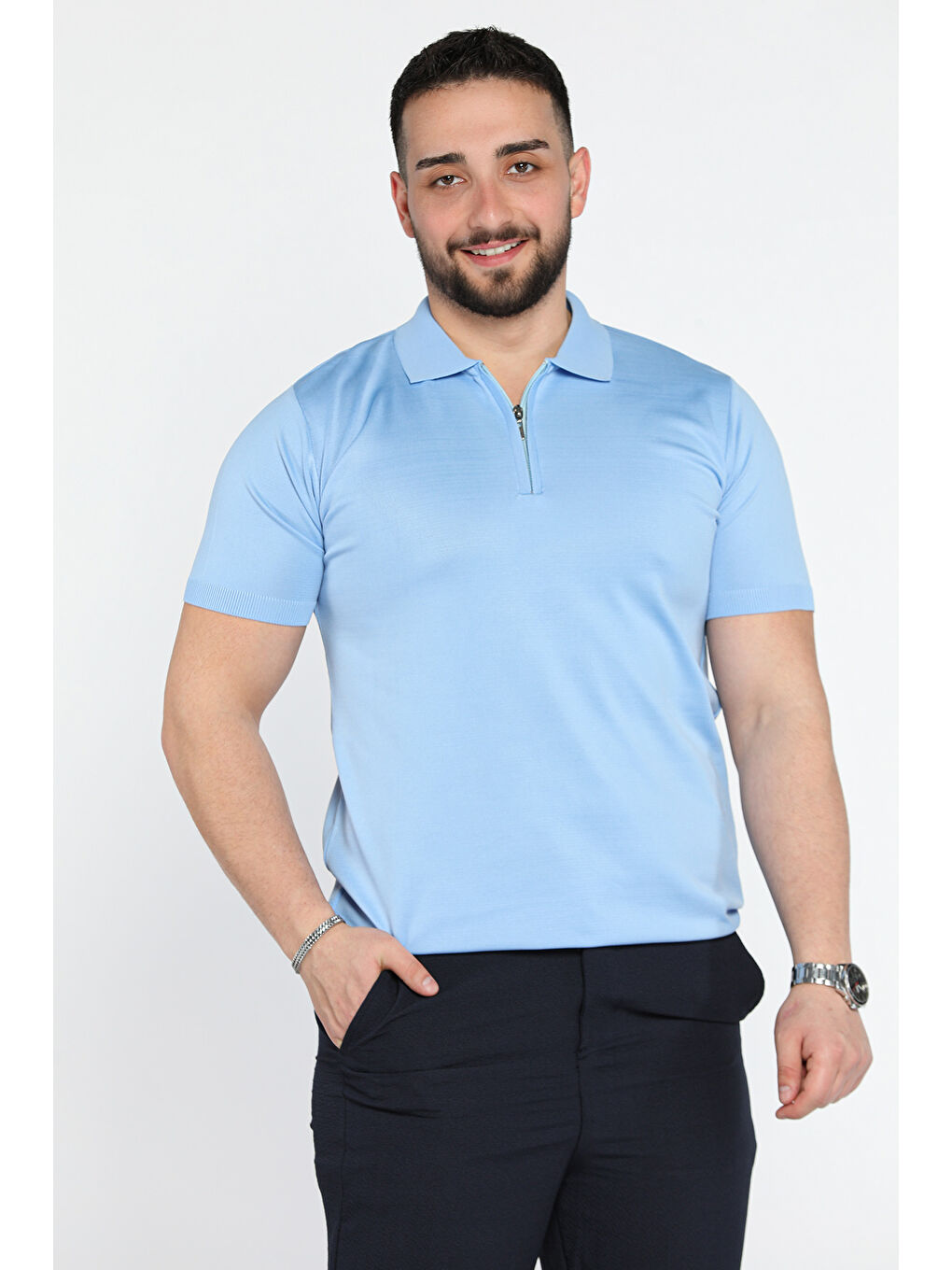 Mavi Erkek Düz Renk Yarım Fermuarlı Polo Yaka Triko Tişört