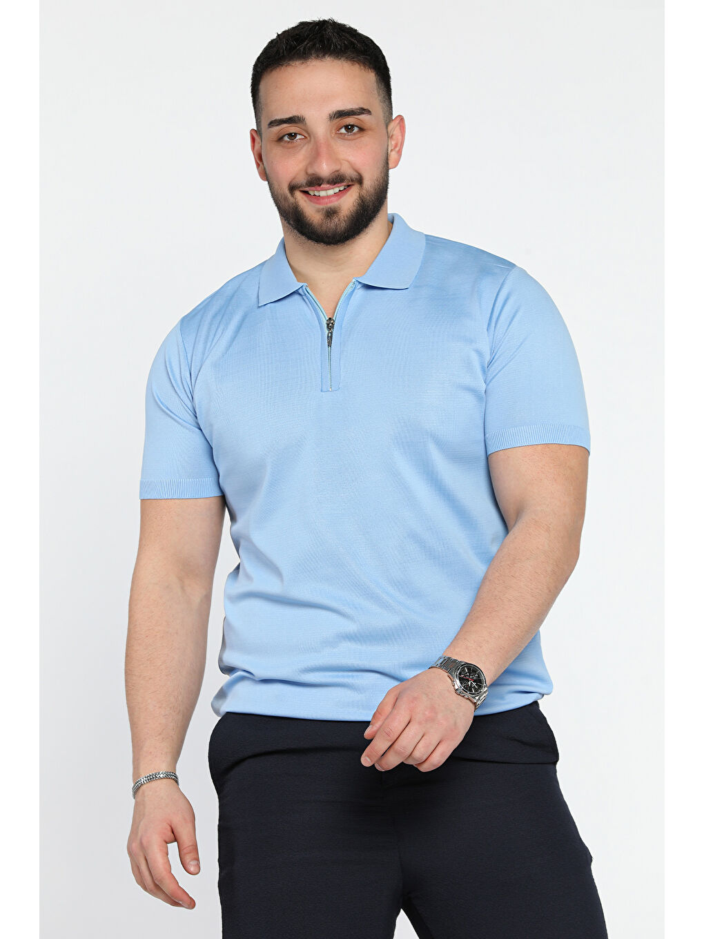 Mavi Erkek Düz Renk Yarım Fermuarlı Polo Yaka Triko Tişört-1