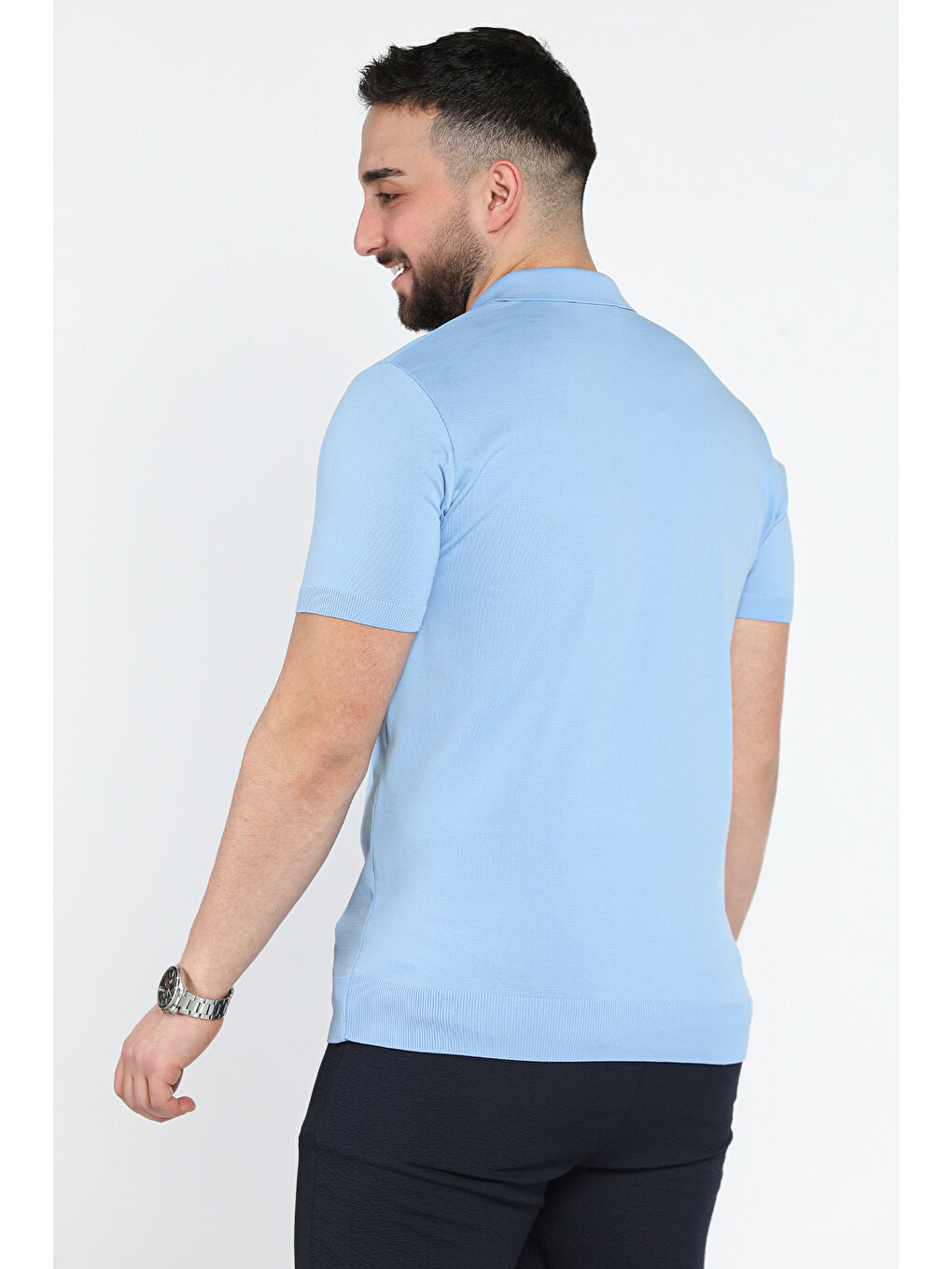 Mavi Erkek Düz Renk Yarım Fermuarlı Polo Yaka Triko Tişört-2