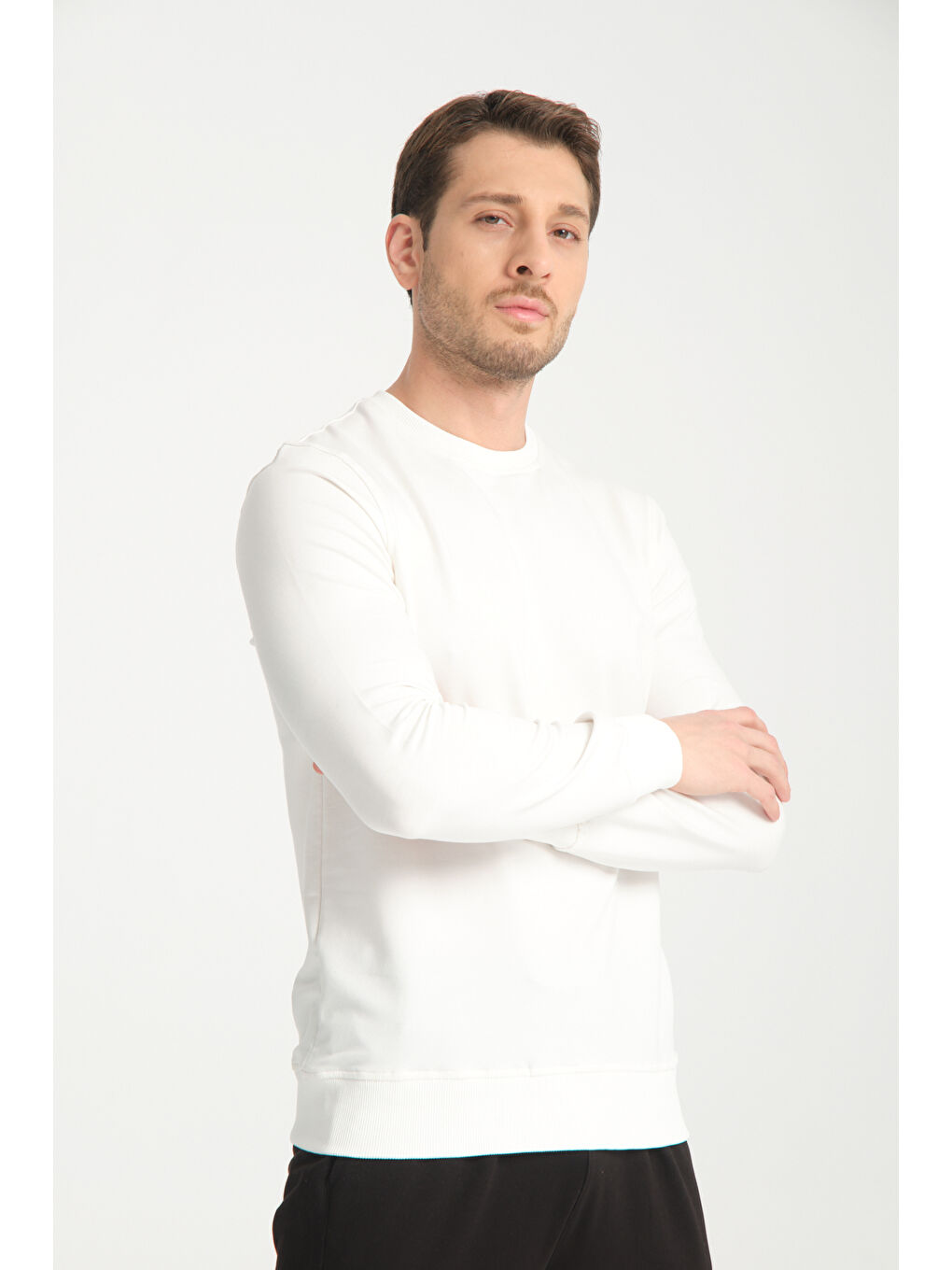 Ekru Bisiklet Yaka Basic İnce Erkek Sweatshirt