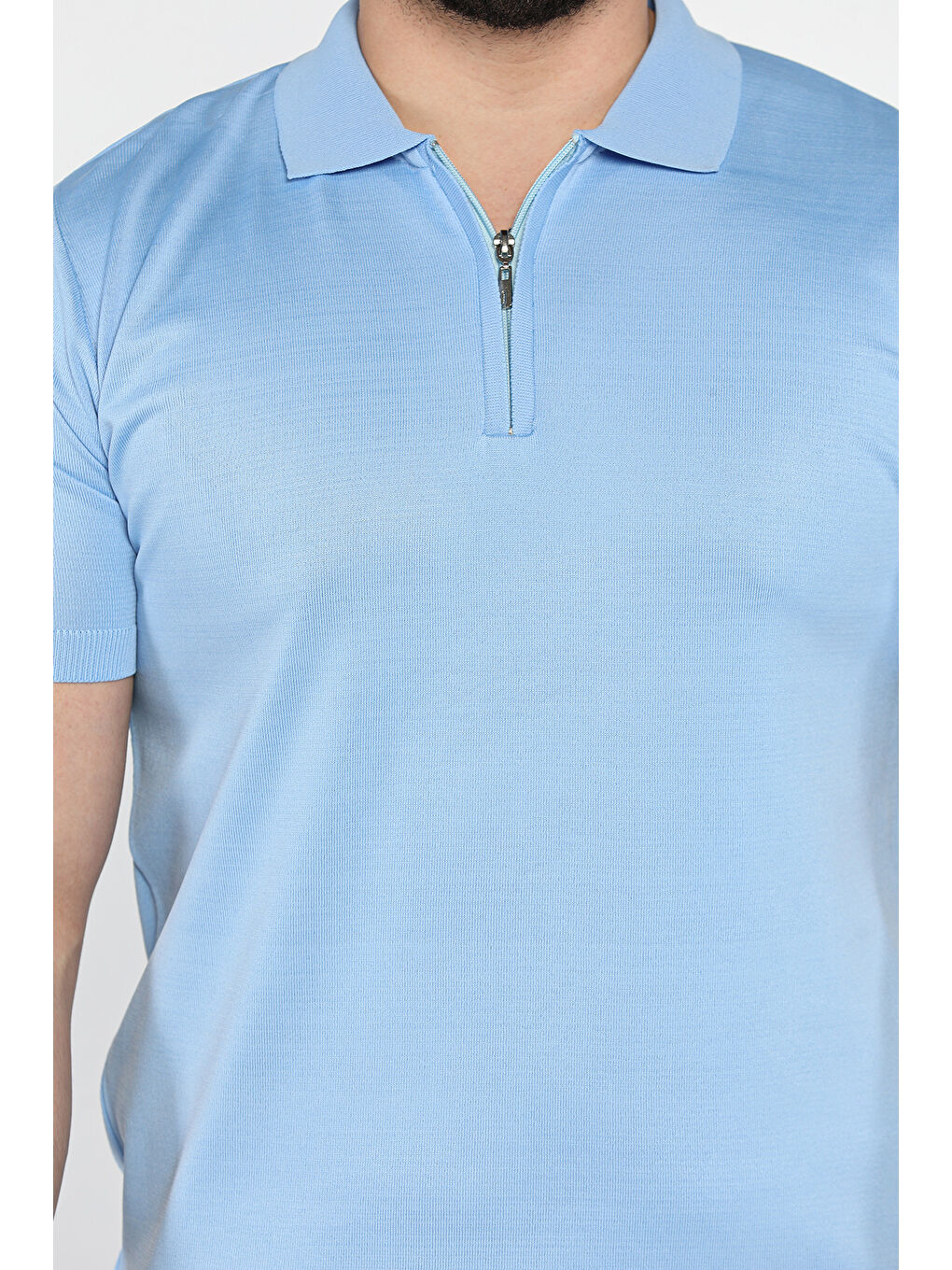 Mavi Erkek Düz Renk Yarım Fermuarlı Polo Yaka Triko Tişört-3