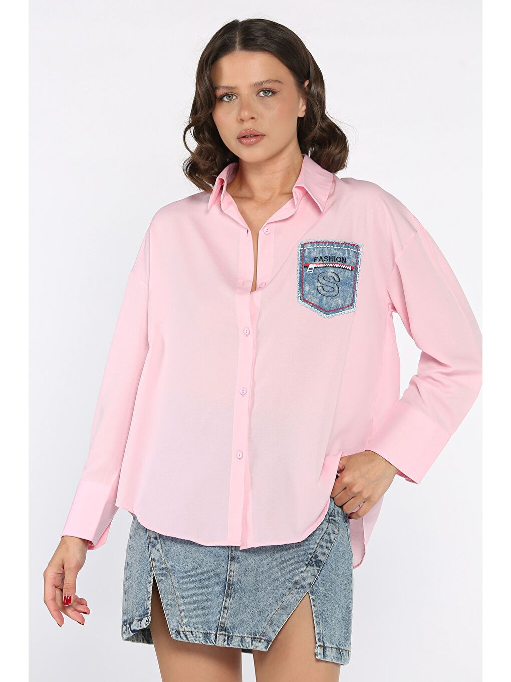 Pembe Cepli Kadın Salaş Gömlek