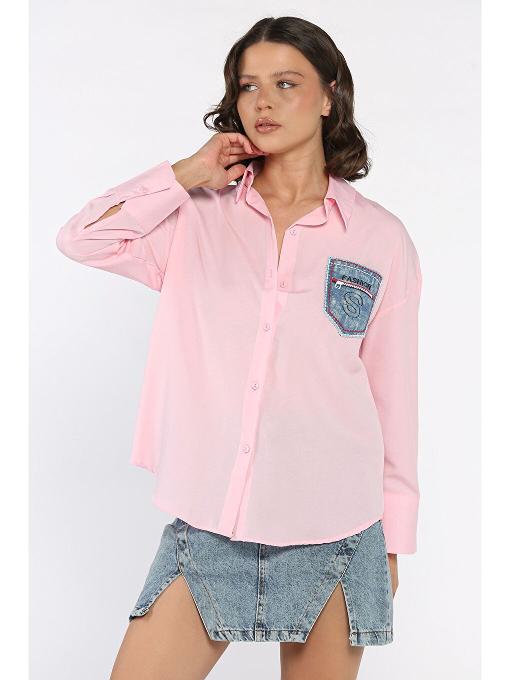 Pembe Cepli Kadın Salaş Gömlek-1