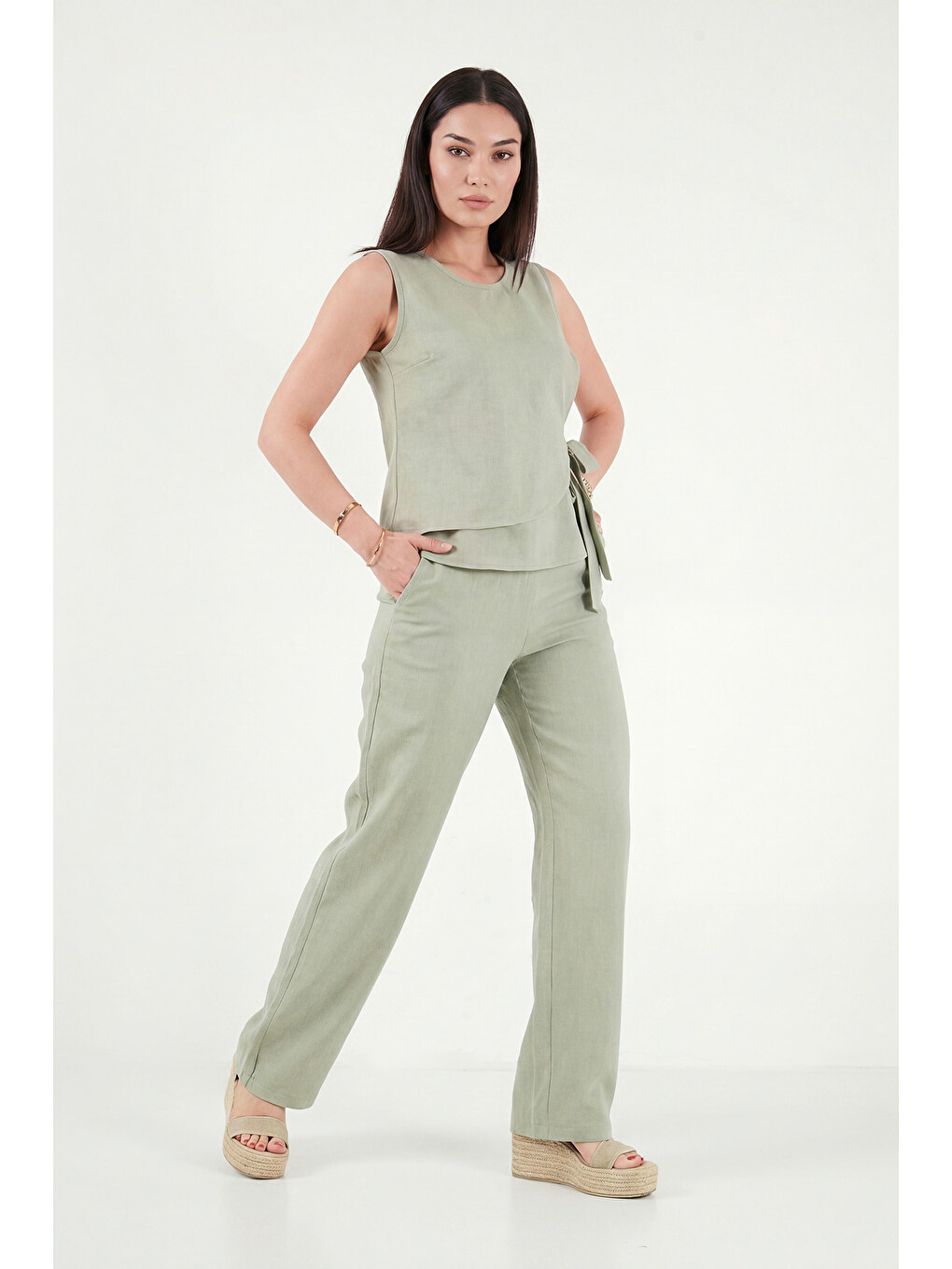 Yeşil Regular Fit Bağlama Detaylı Bisiklet Yaka Kadın Takım 5866466-4