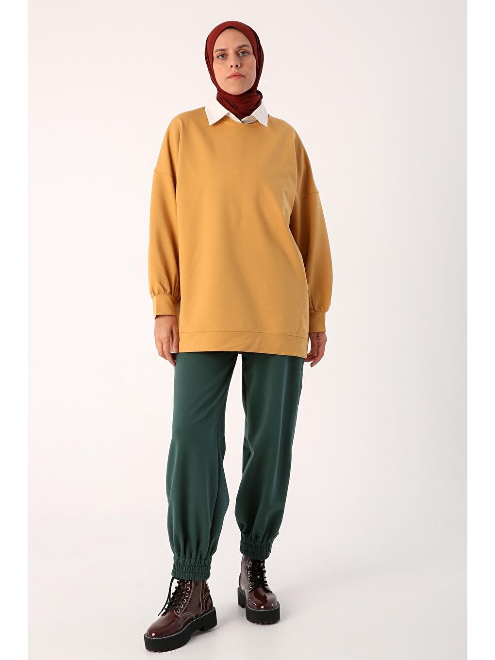 Asit Sarı Oversize İki İplik Bisiklet Yaka Basic Sweatshirt-1