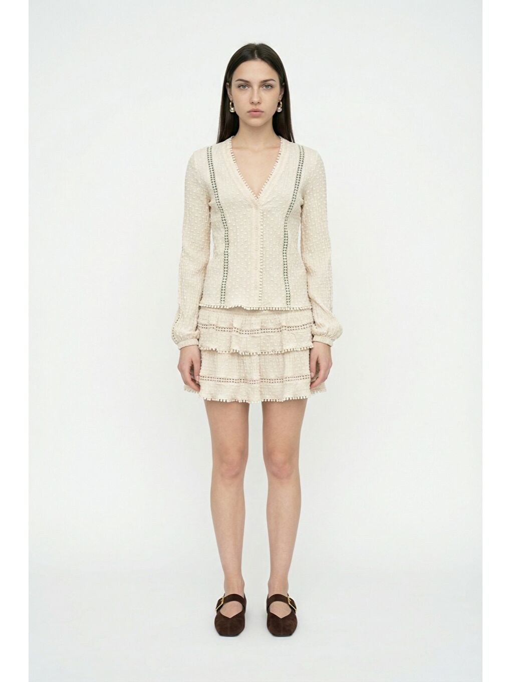 V Yaka Dokulu Gömlek Bej