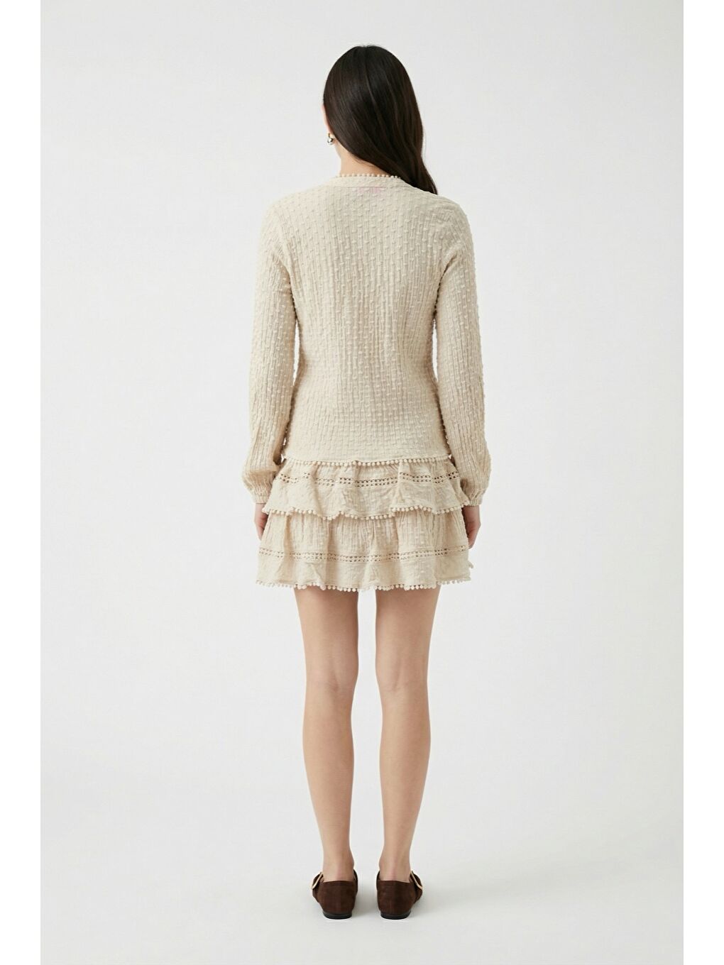 V Yaka Dokulu Gömlek Bej-1