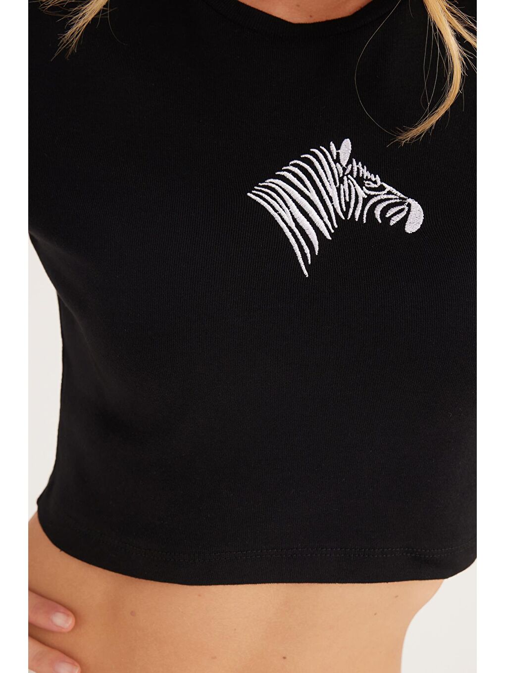 Kadın Slim Fit Dar Kesim %100 Pamuk Bisiklet Yaka Baskılı Siyah Crop Tişört-2