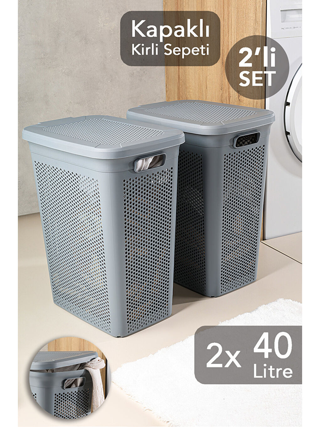 Gri 2'li Kirli Çamaşır Sepeti Seti 40 l
